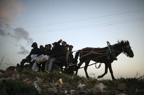 Türkei, Edirne: Migranten sind in der Nähe der türkisch-griechischen Grenze auf
einem Karren unterwegs, der von einem Pferd gezogen wird.