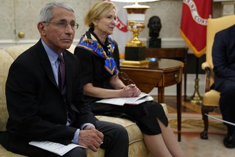 Anthony Fauci, Gesundheitsberater von US-Präsident Trump (l.) und Dr. Deborah Birx, führende Corona-Expertin der US-Regierung, sitzen im Oval Office des Weißen Hauses. 