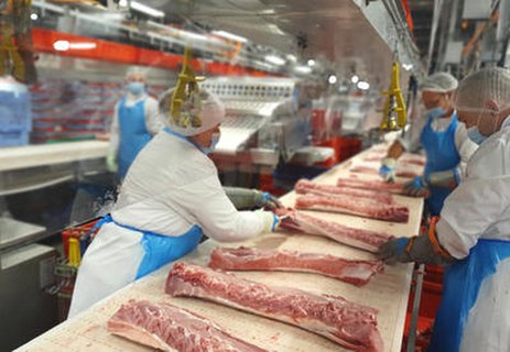 Mitarbeiter in der Fleischzerlegung bei Tönnies in Nordrhein-Westfalen.