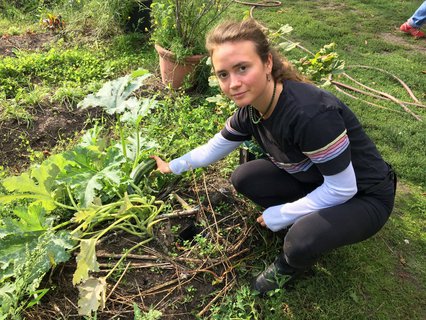 Julie zeigt die großen Zucchini. 