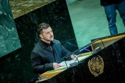 Wolodymyr Selenskyj, Präsident der Ukraine, spricht bei der Generaldebatte der UN-Vollversammlung in New York.