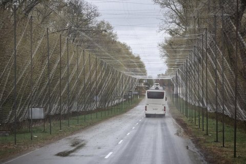 Eine mit einem Anti-Drohnen-Netz überspannte Straße in der Nähe von Tschernobyl