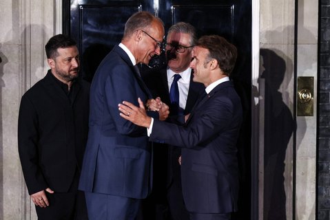 Kanzler Friedrich Merz, Präsident Emmanuel Macron, Premierminister Keir Starmer und Präsident Wolodymyr Selenskyj bei ihrem Treffen in London.